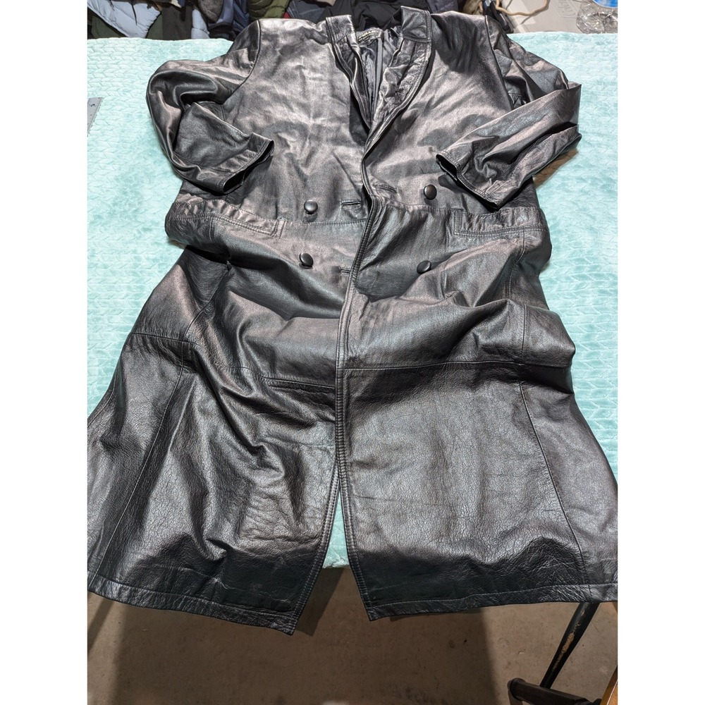 Pelle New York Milano Black Genuine Leather Trench Coat Long Jacket Mens Medium